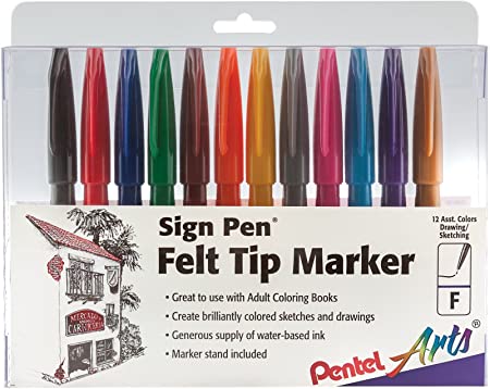 Pentel Felt Tip Sign Pen, Set of 12 Assorted Colors (S520-12)