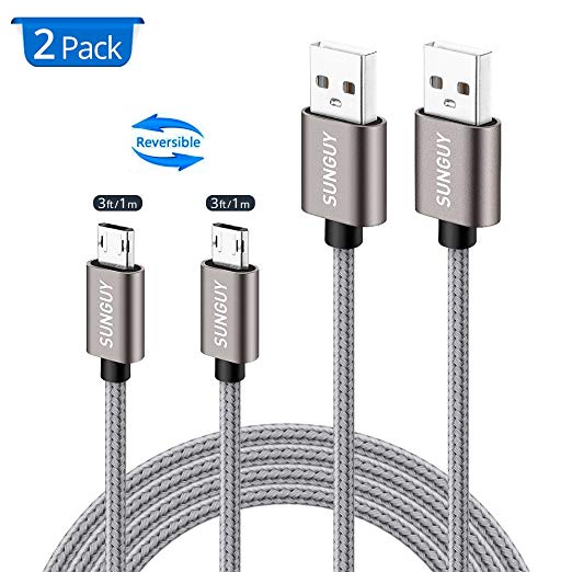 Micro USB Cable Reversible, SUNGUY 2-Pack 1M/3.3ft Double Sided Nylon Braided Durable Plugable Charging Data Sync Cable Cord for Samsung S7 / S7 edge, Moto G5S Plus, Huawei P10 Lite and More