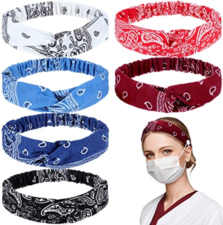 6 Pieces Button Headbands Boho Knotted Head Wrap Face Covers Holders Elastic Twisted Hair Bands for Nurses Doctors Hair Accessories