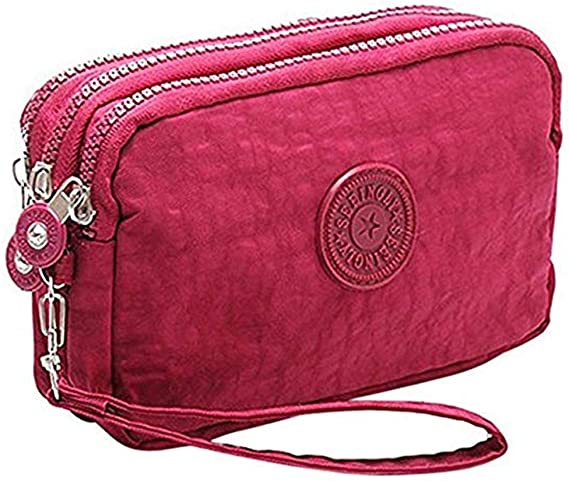 Fueerton Multifunction 3 Layers Zipper Key Card Phone Pouch Coin Money Bag Purse Wallet (Wine Red)