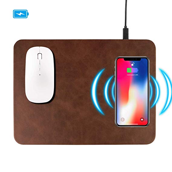 Wireless Charger Mouse Pad, 2-in-1 Office Fast Wireless Charger，QI Wireless Mouse Pad for Samsung Galaxy S10/S9/S8 Plus Note 9/8 iPhone Xs Max/XR/X/XS/8/8 Plus(Brown)