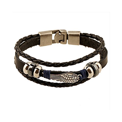 Eagle Wing Vintage Genuine Leather 3 Strand Unisex Bracelet 8.2" Alloy Clasp Hematite Stunning Wristband Fashion Cuff for Men Women, Stylish 3-Tier Comfort Fit Band --- 60-Day Satisfaction Guarantee