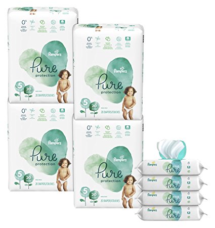 Pampers Pure Protection Disposable Diapers Size 5, 80 Ct. WITH Aqua Pure 4X Pop-Top Sensitive Water Baby Wipes, 224 Ct.