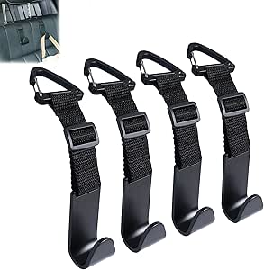 Amooca Headrest Hooks for Car Adjustable 4 Pack Vehicle Seat Back Organizer Storage Hanger Holder for Purse Bags Universal Fit Clip Black