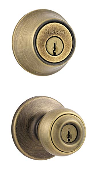 Kwikset 690 Polo Entry Knob and Single Cylinder Deadbolt Combo Pack in Antique Brass