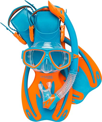 Cressi Junior Snorkeling Kit for Young Aged 3 to 8 - Mask   Dry Snorkel   Adjustable Fins   Net Bag | Lightweight Colorful Equipment | Rocks Pro Dry Set