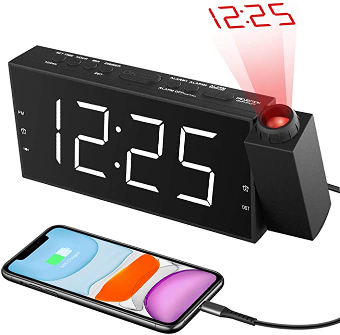 Alarm Clock with Projection on Ceiling,Projection Alarm Clock for bedrooms,Digital Clock with Dual Alarm,Large LED Display Clock with USB Charger,3 Dimmer,Snooze,12/24H DST,Loud Alarm Clock for Kids