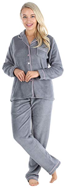 PajamaMania Women's Plush Fleece Long Sleeve 2-Piece Button-Down Pajamas PJ Set