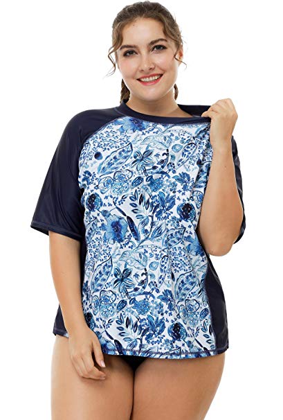 ATTRACO Women Plus Size Rash Guard Short Sleeve Rashguard UPF 50  Swimming Shirt