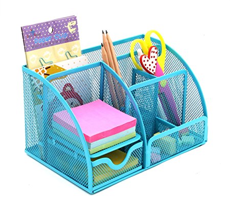 PAG Mesh Desk Organizer Desktop Pencil Holder Office Accessories Caddy with Drawer, 7 Compartments, Blue