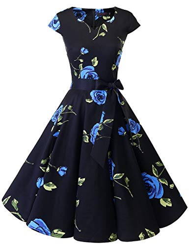 DRESSTELLS Retro 1950s Cocktail Dresses Vintage Swing Dress with Cap-Sleeves