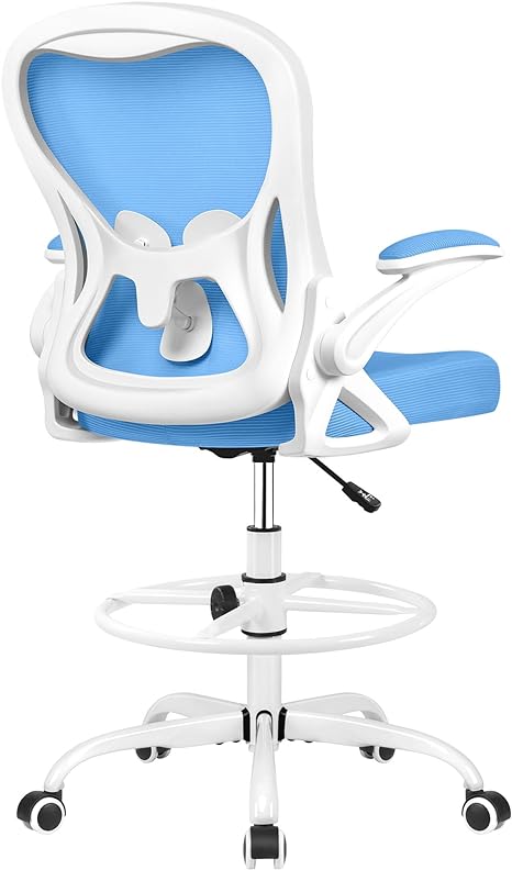 Winrise Drafting Chair, Tall Office Chair Ergonomic Standing Desk Chair, Lumbar Support Computer Chair Swivel Task Rolling Chair with Adjustable Flip-up Armrests & Foot Ring (Sky Blue)