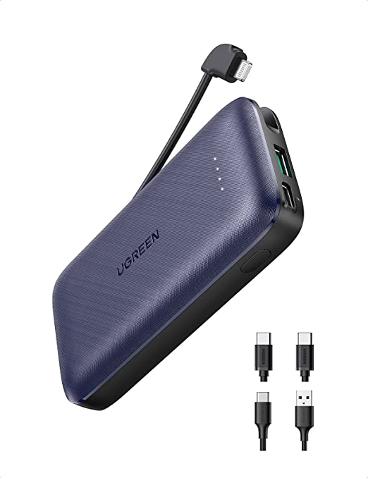 UGREEN Mini 10000mAh Powerbank 20W USB C Power Bank mit integriertem MFi-zertifiziertem Lightning Kabel klein externer Akku mit 2X USB-C Kabel kompatibel mit iPhone 13, 13 Pro, 12 Mini, SE 2020 usw.