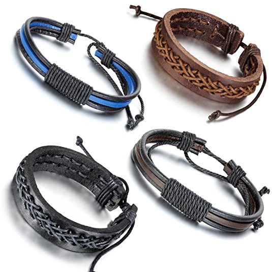 Aroncent 4PCS Handmade Vintage Wristband, Leather Rope Bracelet, Tribal Braided Cuff Bangle, Adjustable