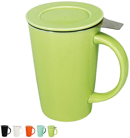 BPFY 12 Ounce Porcelain Tea Mug With Infuser and Lid, Ceramic Coffee Cup, Tea Cups for Coffee, Loose Leaf Tea, Milk(Green)