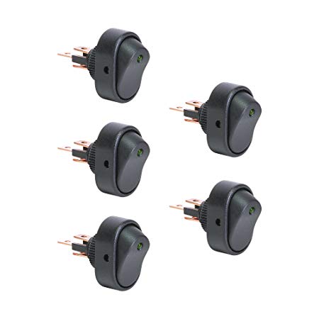5pc 12V DC 30A 3-Pin SPST LED On/Off Rocker Switches - Green
