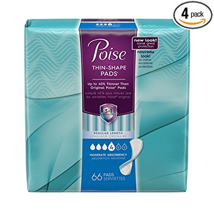 Poise Thin-Shape Incontinence Pads, Moderate Absorbency, Regular, 66 Count (Pack of 4)