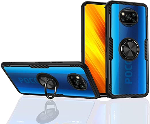 Poco X3 NFC Case [Hard Acrylic Transparent Back] Clear [360° Ring Stand] Shock Absorption [Support Magnetic Car Mount] Protective Cover Compatible with Xiaomi Poco X3 NFC (Black, Poco X3 NFC)