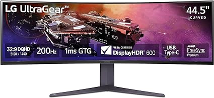 LG 45GR75DC-B 45-inch Ultragear Curved Gaming Monitor, Dual QHD 1ms, 200Hz, 32:9, VESA DisplayHDR 600 with DCI-P3 95%, AMD FreeSync Premium Pro, Enhanced Gaming GUI, DTS HP:X, 3-Way Adjustable Stand