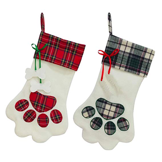 SherryDC Dog Cat Paw Christmas Stockings Set of 2, Plush & Plaid Hanging Socks for Holiday and Christmas Decorations