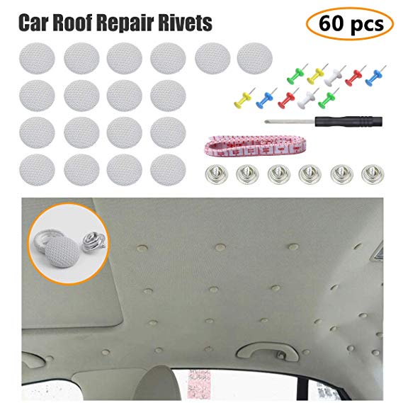 EZYKOO 60 pcs Car Roof Headliner Repair Button, Auto Roof Snap Rivets Retainer Design for Car Roof Flannelette Fixed, with Installation Tool and Fit All Cars(Light Grey Grid)