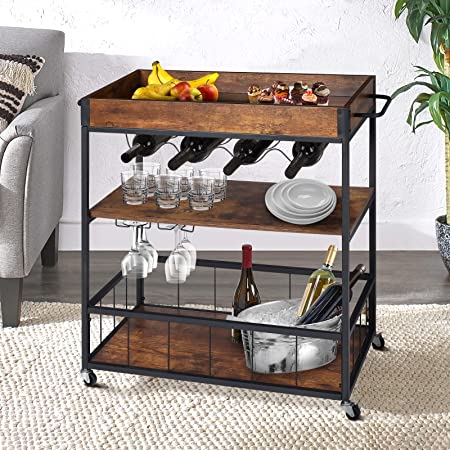 KINGSO Bar Cart for Home, Serving Carts on Wheels, Wine Cart with 3-Tier Shelves, Kitchen Bar Car Industrial Metal Serving Cart with Removable Wood Top Box, Rustic Brown