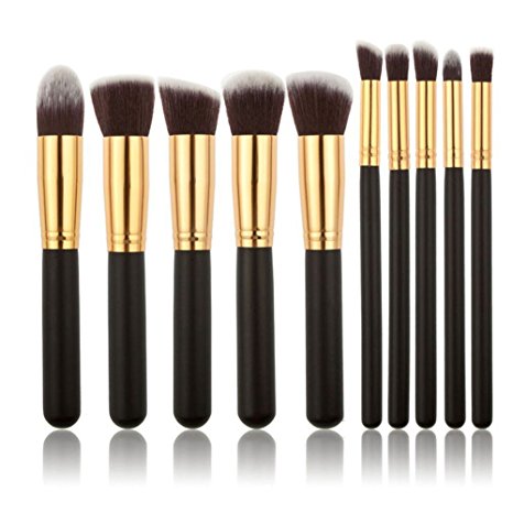 10 Piece Makeup Brushes Set | Premium Synthetic Kabuki Makeup Brush Set Cosmetics Foundation Blending Blush Eyeliner Face Powder Brush Makeup Brush Kit (Black Golden Gray)