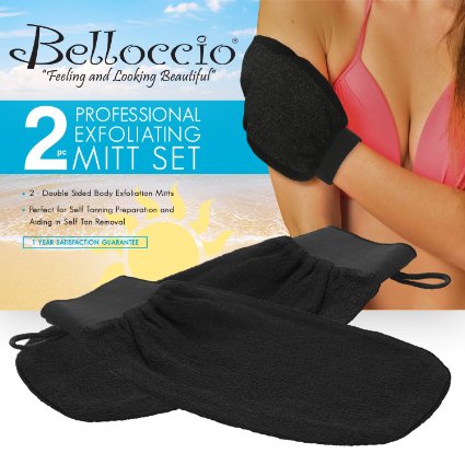 Belloccio Set of 2 Premium Tanning Exfoliating Glove Mitts; Preparation Shower Scrub Gloves for Sunless Self Tanning