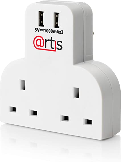 Artis 4 Way Double Plug Socket Mains Switch Extension Adapter with Twin USB Ports