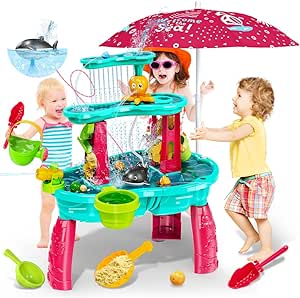 VATOS Table d'eau et de Sable pour Enfants - avec Pompe à Eau et Parapluie Table d'éclaboussure pour Enfants à 3 Niveaux, Jouets de Jeu d'eau pour l'extérieur