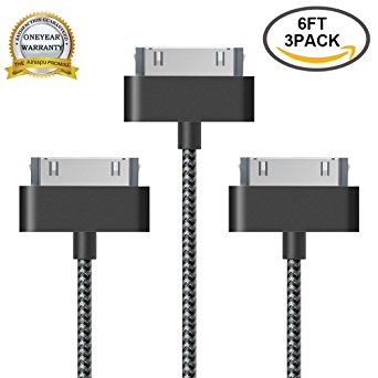 Airsspu iPhone 4S Cable,3Pack 6FT Long Nylon Braided 30-Pin USB Cord Charging and Sync Data Cable charger for iPhone 4/4S, iPhone 3G/3GS, iPad 1/2/3, and iPod(Black White,6FT)