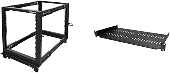 StarTech.com 12U Open Frame Server Rack, Black & 1U Server Rack Shelf - Universal Vented Rack Mount Cantilever Tray – 50lb/23kg Capacity - 10" Deep Shelf, Black (CABSHELFV1U)