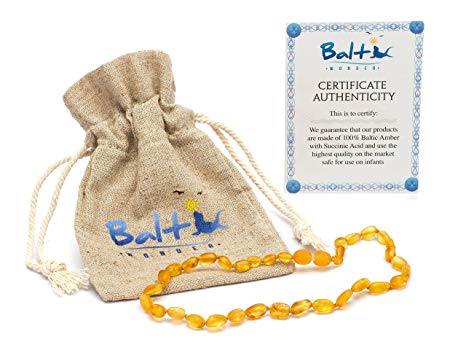 Raw Baltic Amber Teething Necklaces For Babies (Unisex) (Honey Olive) - Anti Flammatory, Drooling & Teething Pain Reduce Properties - Natural Certificated with the Highest Quality Guaranteed.