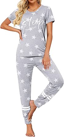 Ekouaer Womens Pajamas Set Short Sleeve Sleepwear Tops with Long Pants Pjs Set Print Nightwear