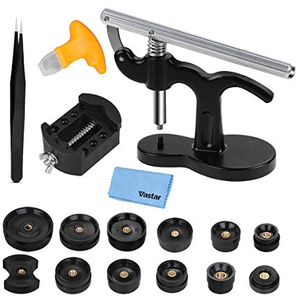 Vastar 18 Pcs Watch Press - Watch Repair Kit, Watch Back Case Closer Watch Battery Replacement Tool Kit with 12 Dies, Tweezers