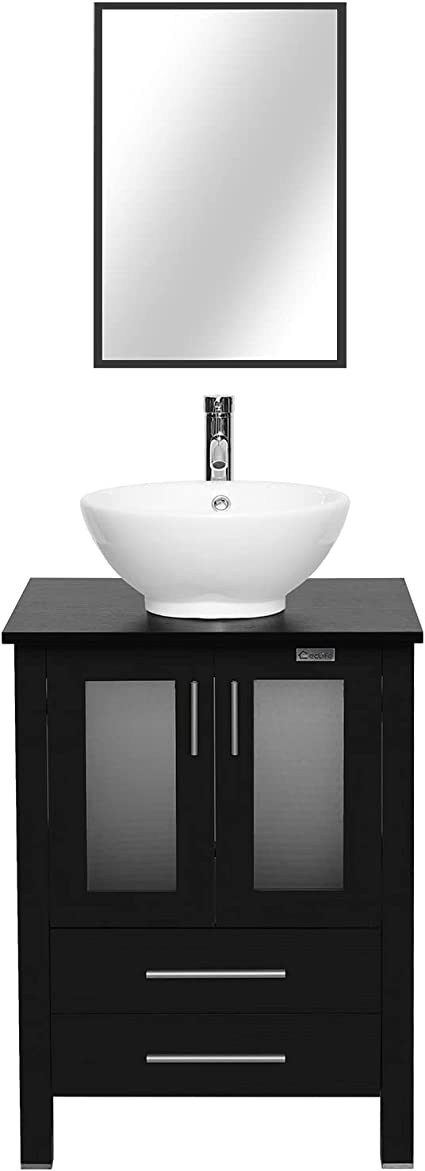 eclife 24'' Modern Bathroom Vanity and Sink Combo Stand Cabinet,White Round Ceramic Vessel Sink W/Overflow,Chrome Bathroom Solid Brass Faucet, Pop Up Drain(Contemporary/White Ceramic Round Sink)
