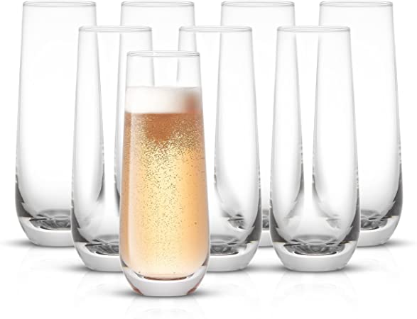 JoyJolt Milo Stemless Champagne Flutes Set of 8 Crystal Glasses. 9.4oz Champagne Glasses. Prosecco Wine Flute, Mimosa Glasses Set, Cocktail Glass Set, Water Glasses, Highball Glass, Bar Glassware