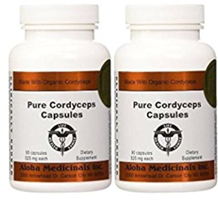 Organic Cordyceps by Aloha Medicinals - Certified Organic Medicinal Mushrooms, Supports Energy and Stamina - 525mg - 2 Bottles of 90 Vegetarian Capsules