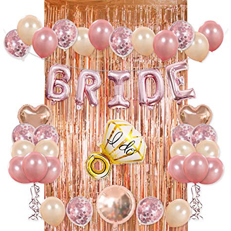 Bride Party Decorations Kit- Rose Gold Foil Fringe Curtain, 20 Latex Balloons, 10 Confetti Balloon, Bride and Ring Heart Round Mylar Balloons for Bachelorette Bridal Shower Party Supplies