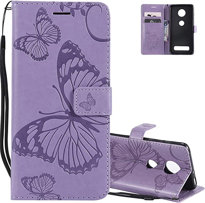 EMAXELERR Motorola Moto Z4 Play Case Shockproof PU Leather Retro 3D Butterfly Embossed Wallet Flip Case Magnetic Stand with Card Slot Folio Cover for Motorola Moto Z4 Play Butterfly Purple KT