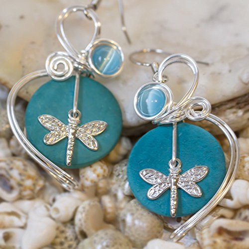 Hippie Dangly Dragonfly Earrings Wire Wrapped Turquoise Coconut Shells Jewelry