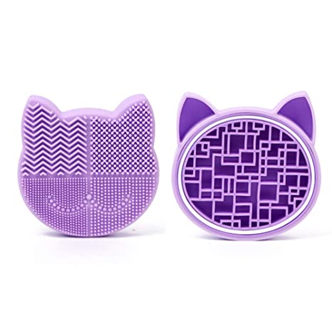 Silicon Makeup Brush Cleaning Mat with Brush Drying Holder Brush Cleaner Mat Portable Cat Shaped Cosmetic Brush Cleaner Pad (New Lavender)