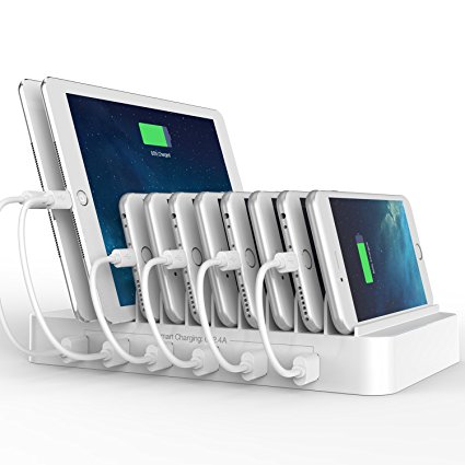 FlePow 10-Port USB Charging Station Dock with Built-in Charge Cables(Patented Retractable Design) Organizer for Smart Phones & Tablets, White