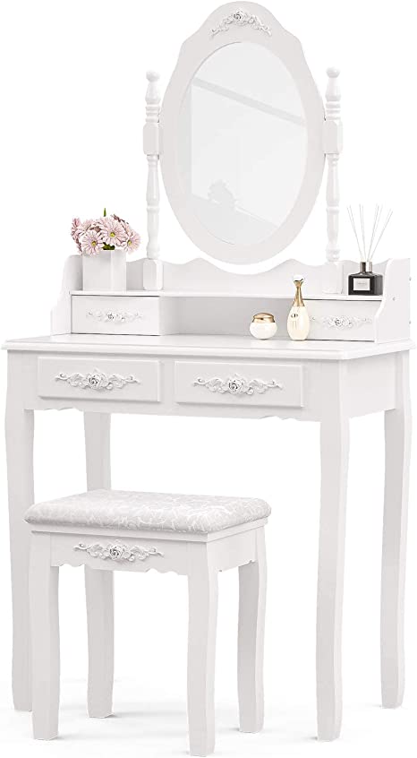 LAGRIMA Makeup Vanity Table Set, Makeup Table and Stool with Oval Mirror & 4 Storage Drawers, Wooden Dressing Desk Table Furniture Set for Women Girls