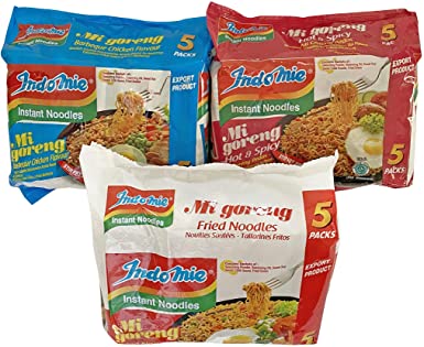 Indomie Mi goreng Instant Fried Noodles, Hot & Spicy, Barbeque (BBQ) Chicken Flavor 1 Package by 5 Each Flavors Combo