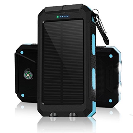 BSAMZ 10000mAh Solar Charger, Dual USB Port Solar Power Bank with 2Led Light Built-in Compass Portable Solar Panel Phone Charger for Camping Travel Hiking and Other Outdoor Activities (Blue)
