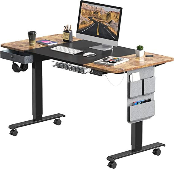 Maidesite Standing Desk Adjustable Height, 48 Inch Stand Up Desk, Electric Sit Stand Desk with Caster Wheels, Drawer and Cable Management Tray for Home Office, Rustic Brown Black Desktop