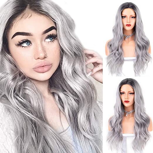 Persephone 2019 Long Grey Synthetic Wig Wavy Glueless Gray Ombre Wigs for Women 2 Tones Heat Resistant Hair with Middle Parting 22 Inches