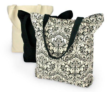 DII 100 Cotton Machine Washable Heavy Duty Canvas Reusable Shopping Tote Bag Natural and Black Damask Set of 3