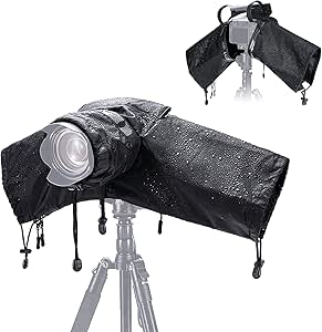 JJC Camera Rain Cover Sleeve for Canon Nikon Sony Fujifilm Mirrorless Camera with Lens below 7.1x5.5x9.1” (WxHxD), Nylon Camera Rain Coat Protector with Zippered See Through Windows-Black